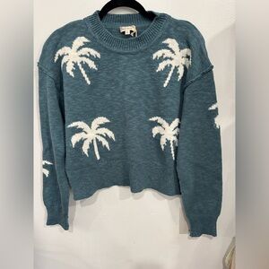 Hem & Thread Teal Palm-Print Crewneck Sweater